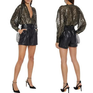 NWT IRO Paris Teruja Fil Coupé Silk-Blend Chiffon Blouse Black Gold Women's 38